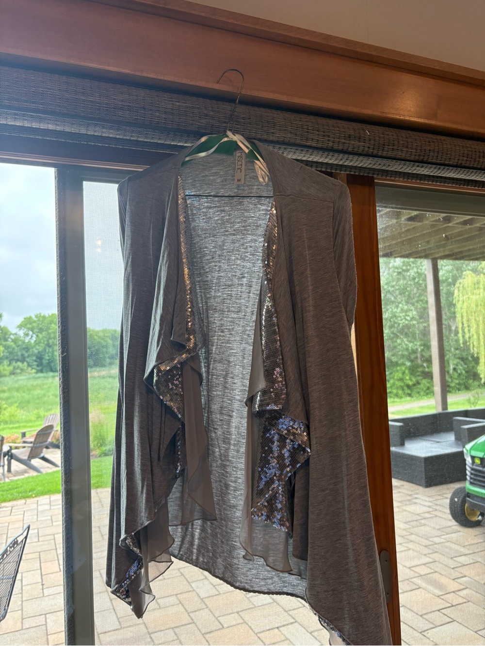 Kische Gray Draped Cardigan with Sequin Ruffle